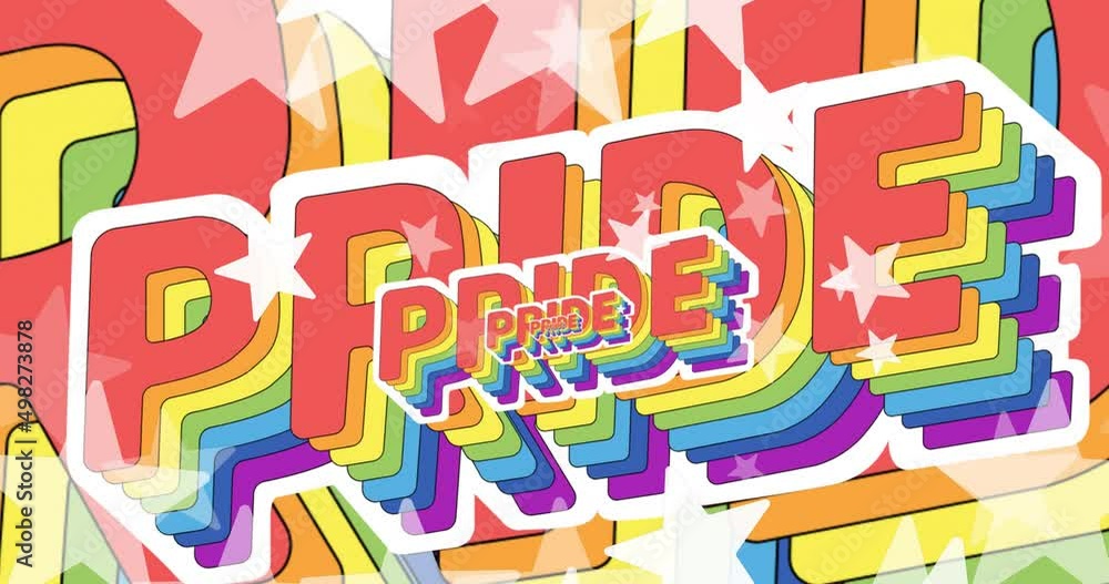 Poster animation of stars floating with rainbow pride texts