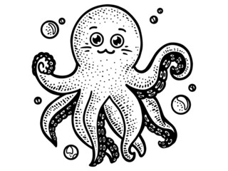 Child character, octopus. Line art sketch picture. Hand drawn.