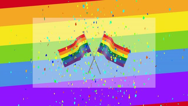 Animation of flags and confetti over rainbow background