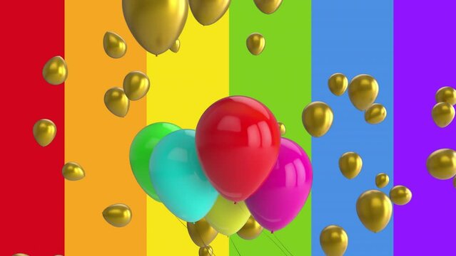 Animation of balloons over rainbow background