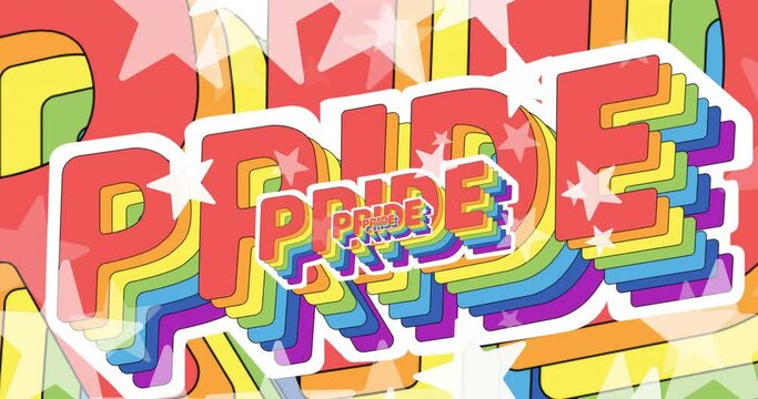 Animation of stars floating with rainbow pride texts