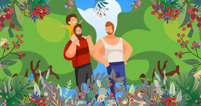 Animation of gay couple with child over leaves and trees