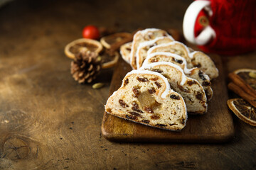 Traditional homemade stollen cake with marzipan