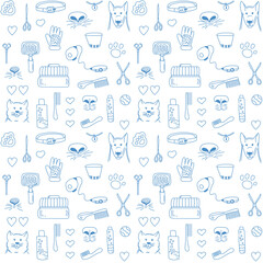 Seamless pattern accessories for grooming a cat and a dog. Vector monochrome print for pet shop and vet.