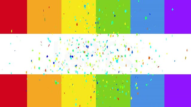 Animation of confetti over lgbtq on rainbow flag