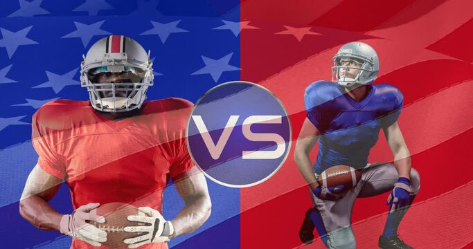 Animation of american football over red and blue background