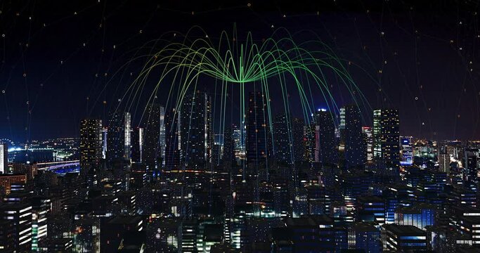 Smart Metropolitan City At Night Time. Internet And Mobile Network. Technology Related 3D Animation.