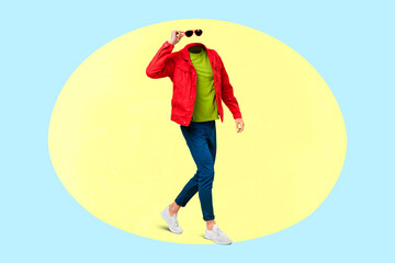 Collage photo image surreal headless male go down town city incognito person trendy clothing on colorful background - obrazy, fototapety, plakaty