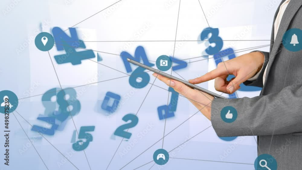 Aufkleber animation of numbers changing over hands of caucasian man using tablet