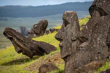 Moai statues at  Rano Raraku Volcano at Easter Island, Chile