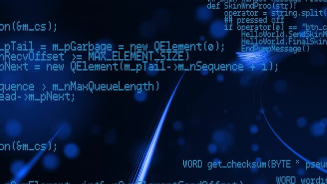 Animation of blue lights over data processing on black background