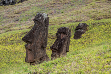 Moai statues at  Rano Raraku Volcano at Easter Island, Chile