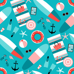 Summer vacation pattern with beach funny objects on blue background. Summertime games icon vector illustration, surf board, sun glasses, swimming flipper, flip-flops, ring float..