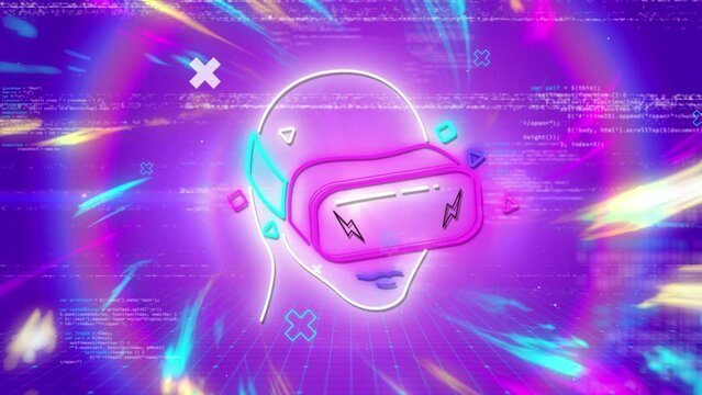 Animation of head with vr headset over purple and blue lights in digital space