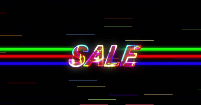 Animation of sale text in glowing letters over neon stripes on black background