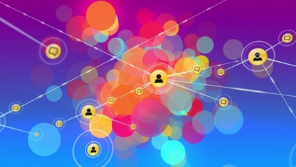 Animation of network of connections of user icons on colorful background