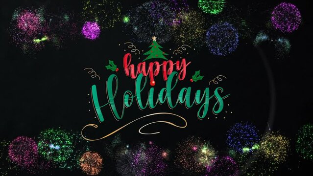 Animation of happy holiday text over colorful fireworks