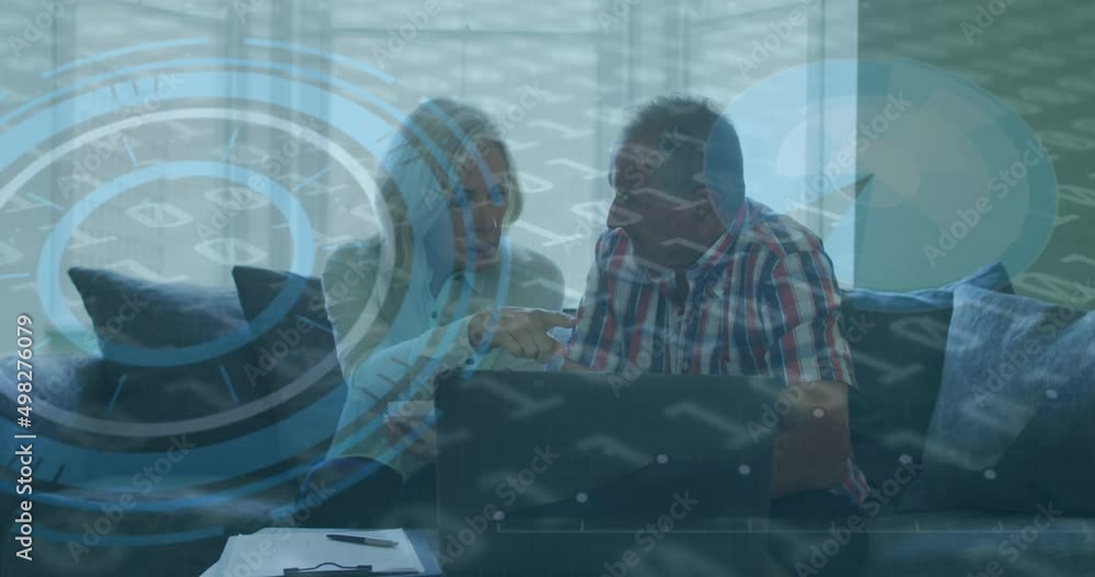 Poster animation of scope scanning and binary coding over senior couple using laptop
