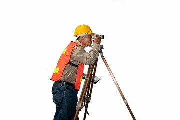 Fototapeta na wymiar Engineer or surveyor working with theodolite equipment at road construction site with isolated and clipping path.