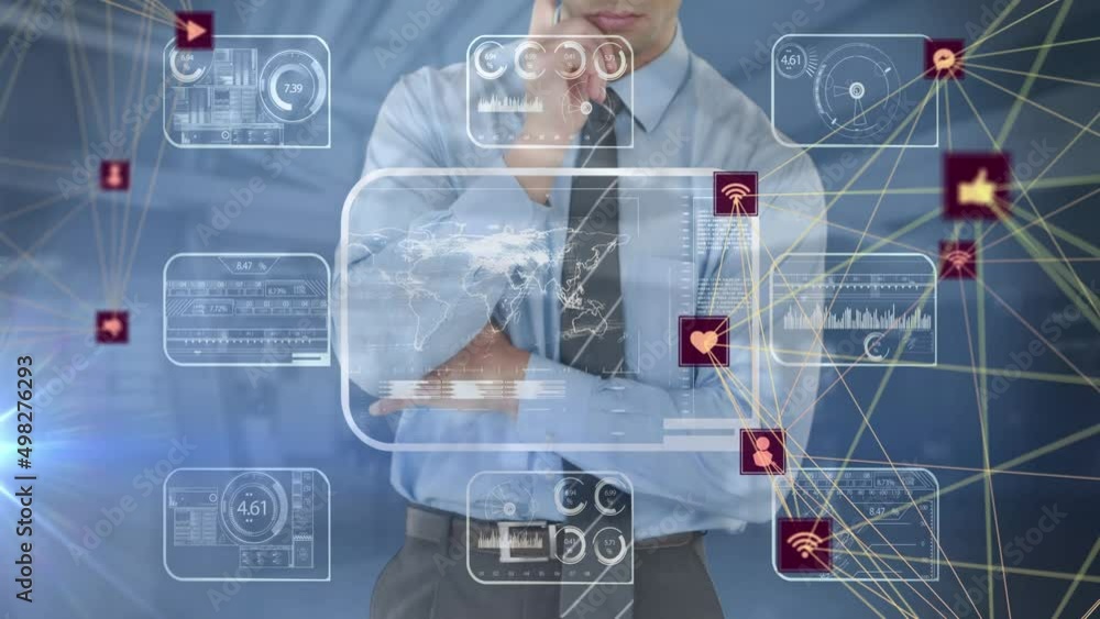 Poster animation of digital interface and data processing over man using smartphone