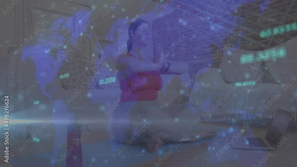Poster animation of map and data processing over woman using laptop
