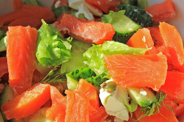 Delicious fresh sliced vegetable salad with salmon, healthy food close up