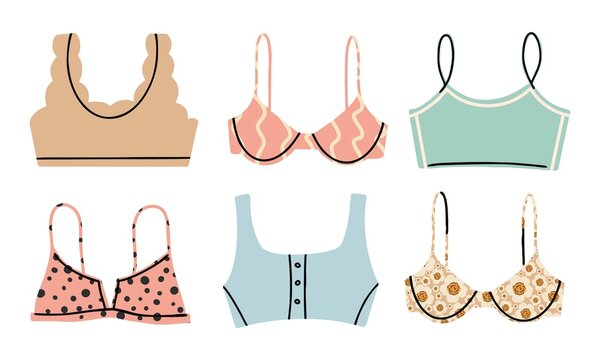 Women's underwear. A large set of different bras and tops. Monochromatic, polka dot, with flowers. Pastel colors. Flat design, hand drawn cartoon, vector illustration.