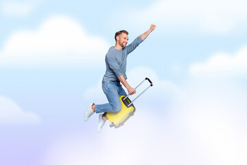 Composite collage image young crazy guy riding his suitcase up in sky horizon traveler wanderlust concept