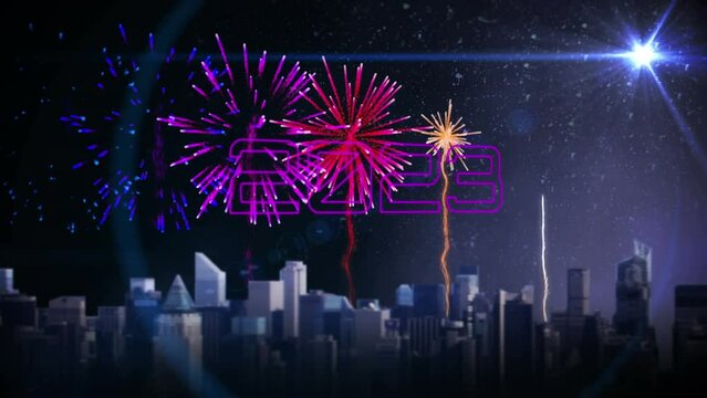 Animation of 2023 text over cityscape and fireworks
