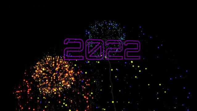 Animation of 2022 text over colorful fireworks