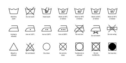 Main laundry wash symbols icons set editable stroke on white background. Vector - obrazy, fototapety, plakaty