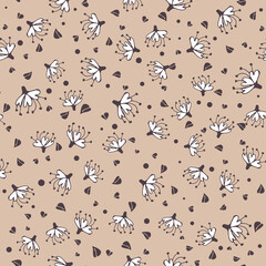 Vintage floral pattern. Seamless pattern with small white flowers on a branch, varied foliage on a beige background. Botanical print with autumn mood. Vector print
