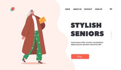 Stylish Seniors Landing Page Template. Old Trendy Grandmother in Elegant Clothes. Modern Elderly Lady Fashionista