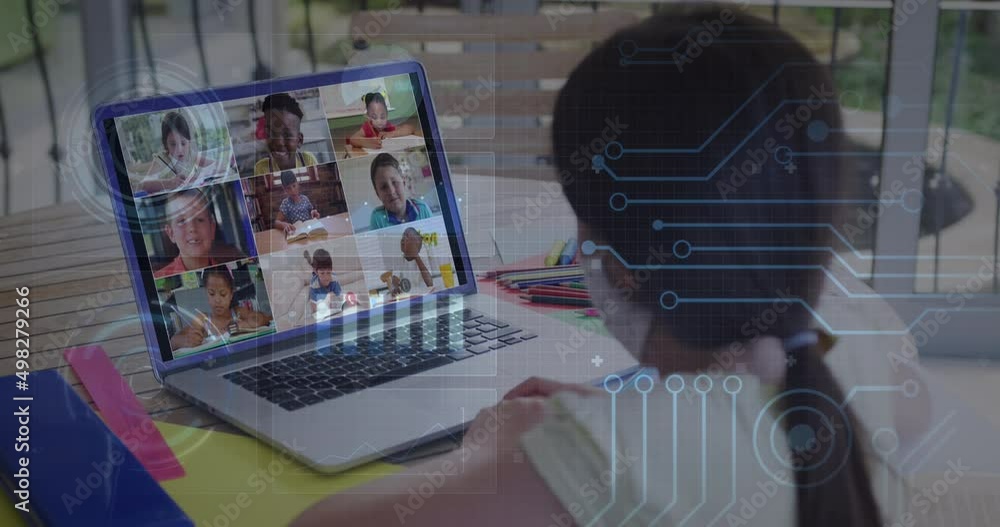 Poster animation of data processing with caucasian girl having school video call