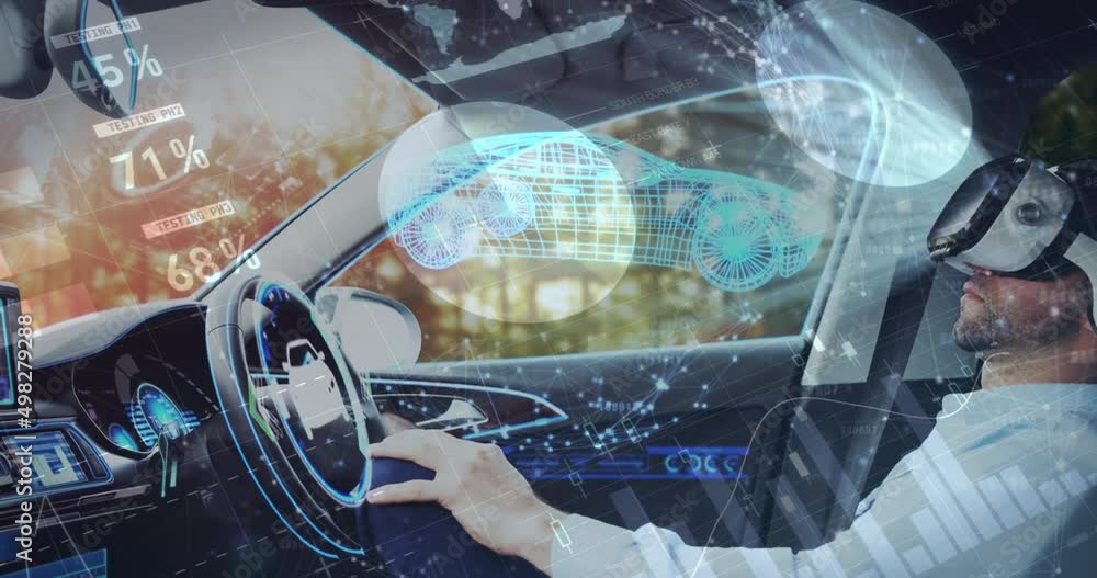 Poster animation of data processing over caucasian businessman using vr headset in car
