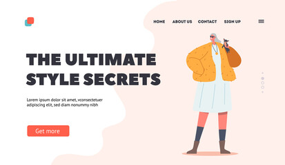 Ultimate Style Secrets Landing Page Template. Trendy Old Lady with Little Dog on Hands, Aged Female Character