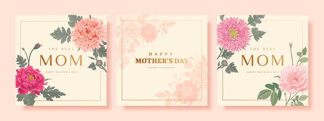 Set of Mother's day poster, banner or greeting card with hand drawn flowers on beige background