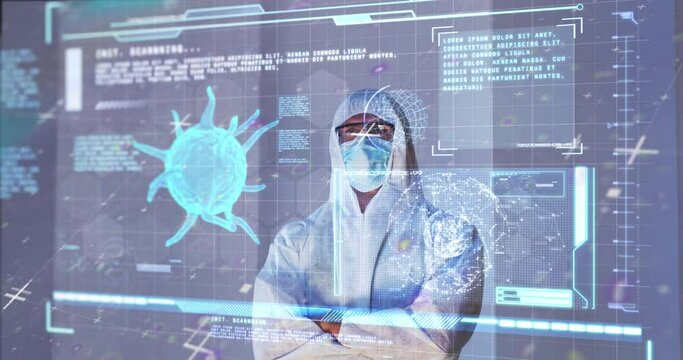 Animation of data processing over caucasian male doctor with face mask