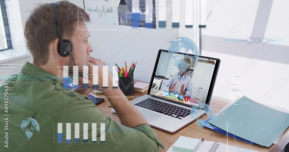 Poster animation of data processing over caucasian businessman having video call