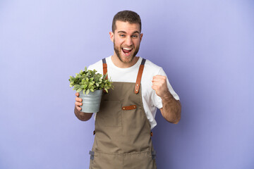 Gardener caucasian man holding a plant isolated on yellow background celebrating a victory in winner position