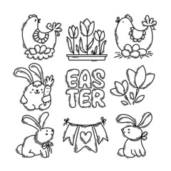 Easter doodle style hand-drawn icon set with simple engraving effect, editable stroke width. Cute symbols and elements collection.
