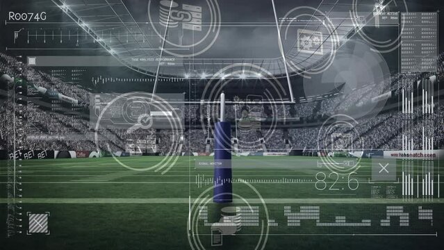 Animation of data processing and network of connections over rugby stadium