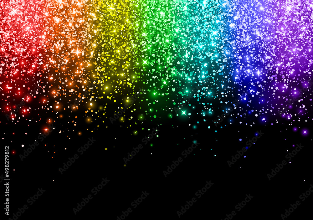 Wall mural rainbow scatter shiny glitter on black background. vector