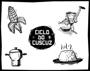Couscous cycle (Ciclo do cuscuz). Illustration in woodcut style - obrazy, fototapety, plakaty