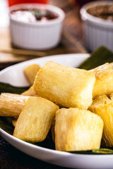 small portion of fried cassava, typical Brazilian food, healthy homemade food