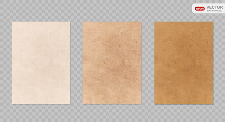 Old paper vector texture set. Realistic grungy abstract background. Brown and beige cardboard stained texture in retro style. Vintage parchment