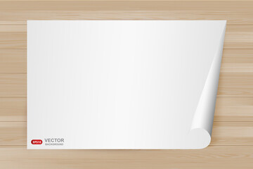 White paper on wooden background. Vector template of a blank sheet of A4 paper in top view on table surface. Vertical frame