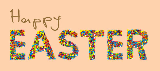 Postcard with the inscription happy easter on three different backgrounds.