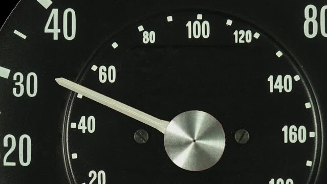 Track over a vehicle speedometer as the speed accelerates and then braking with the speed falling back to zero.