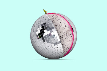 Contemporary art collage closeup image disco ball with papaya fruit filling inside trendy photography glamour poster